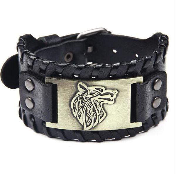 Pulseira de couro masculina cabeça de lobo pulseira de couro larga liga nova pulseira de joias de couro tecido WY1170