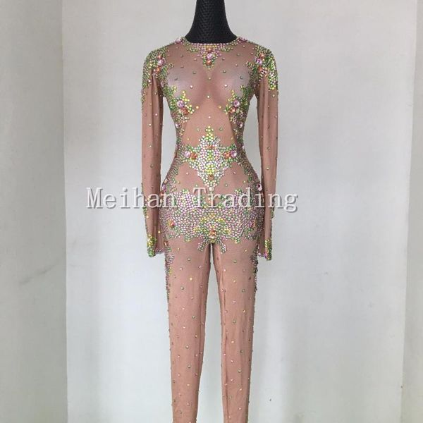 

stage wear flashing big crystals colorful nice jumpsuit women's costume bodysuit female singer rhinestones nude skinny outfit, Black;red