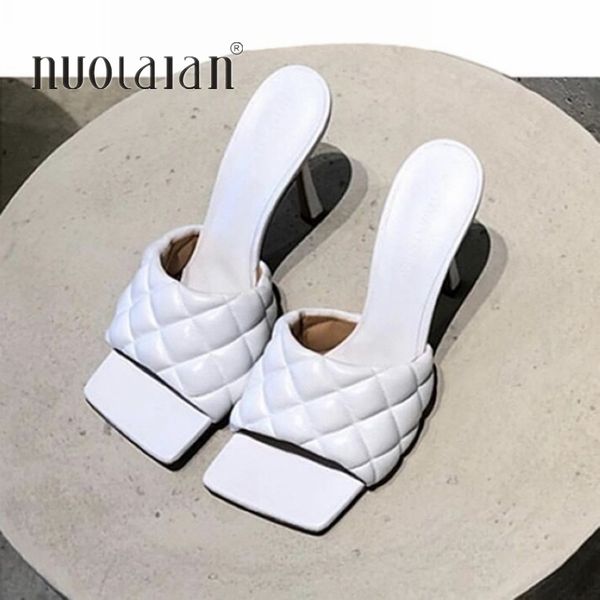 

2020 new design square toe thin high heels slippers women sandals fashion slip on slides summer woman shoes mules y200702, Black