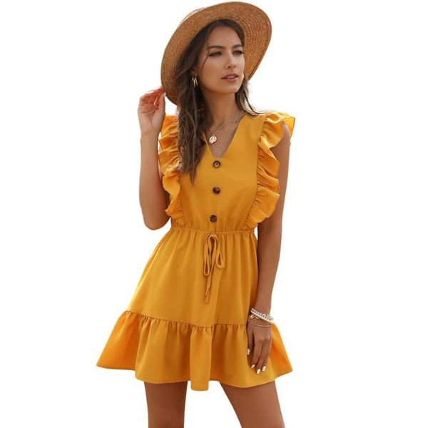 

summer women dresses fashion v neck sleeveless ruffled edges waist drawstring beach mini dress 2020 new, Black;gray