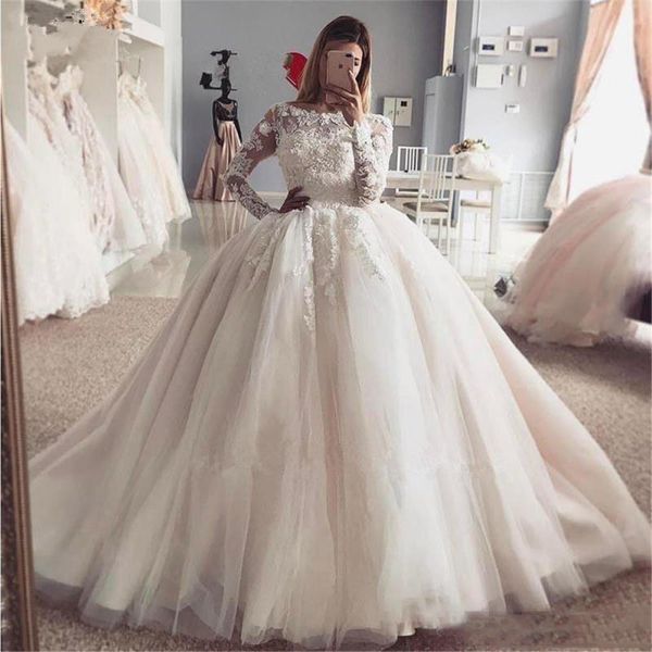 

роскошные принцессы бальное платье длинные рукава кружева свадебные платья 2020 с аппликациями sweep поезд beteau шеи свадебные платья, White