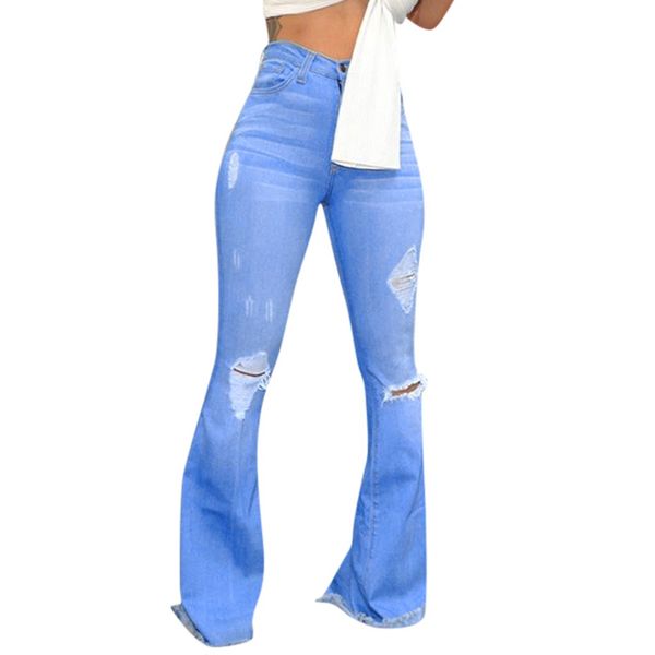 

women cropped skinny jeans high waist hole pants button blue tassel ripped skinny flare jeans trousers bell-bottom pants plus