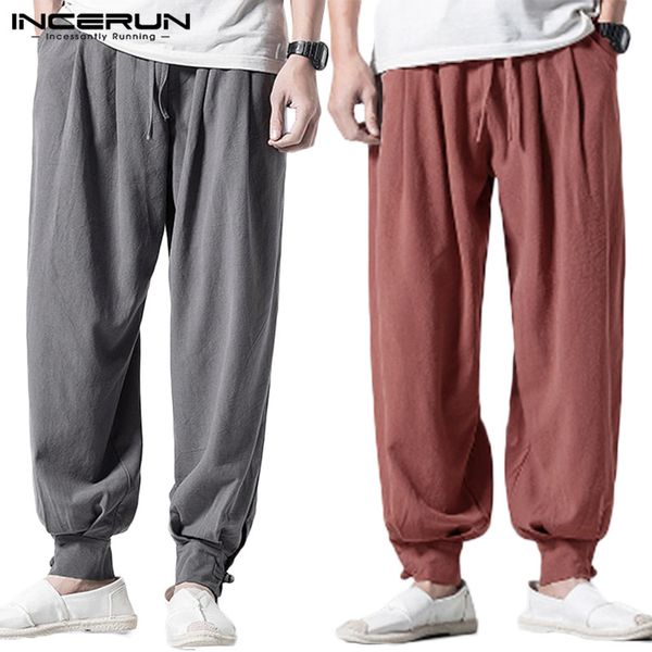 

incerun vintage men harem pants joggers solid loose cotton casual trousers stylish comfort elastic waist mens sweatpants 2019, Black