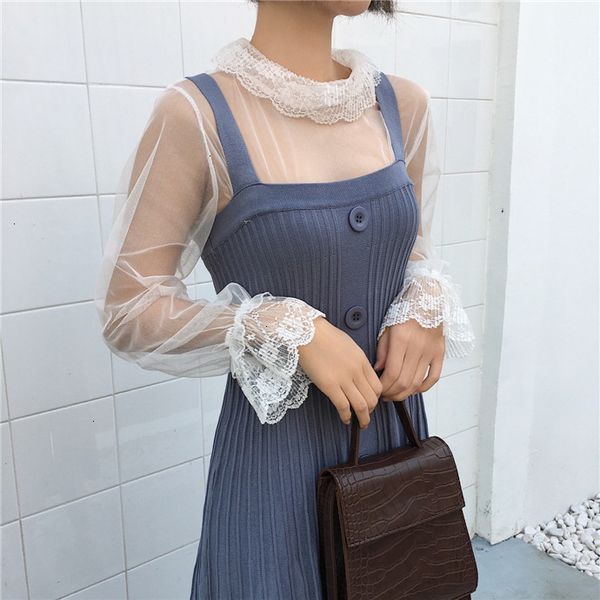 

women transparent mesh patchwork tee shirts blouses girls full flare sleeve shirts clothing for ladies, White