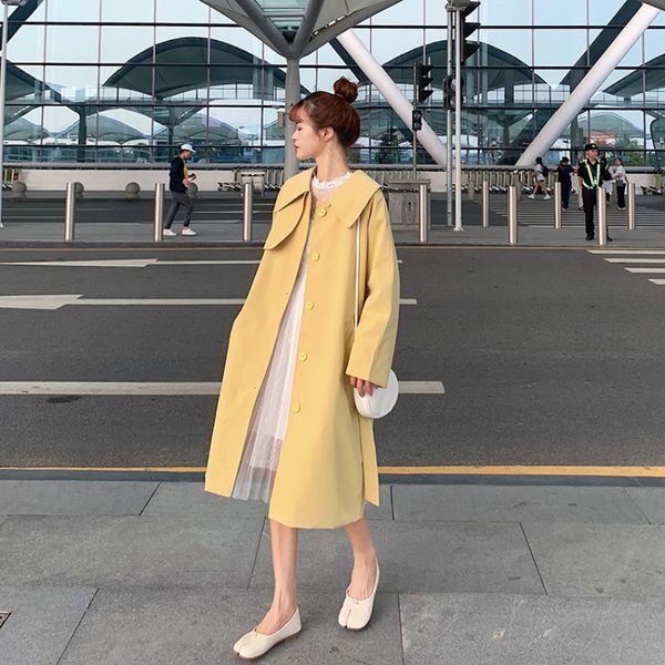 

women spring autumn yellow sweet peter pan collar long trenchcoat with waistbelt single breasted windbreaker cloak coat, Tan;black