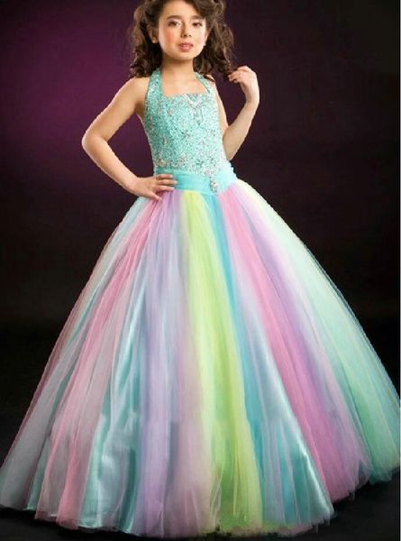 

gradient girl pageant dresses ball gown tulle rainbow color floor length crystals sequins beading kids prom dresses custom made, White;red