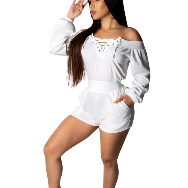 

women slash neck casual rompers autumn fashion long sleeve bandage solid jumpsuits pockets loose short overalls, Black;white