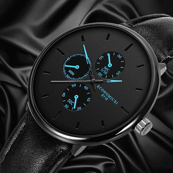 

new black men's watch leather blue pointer three eyes quartz minimalist dial wrist watch male business casual sports clock, Slivery;brown