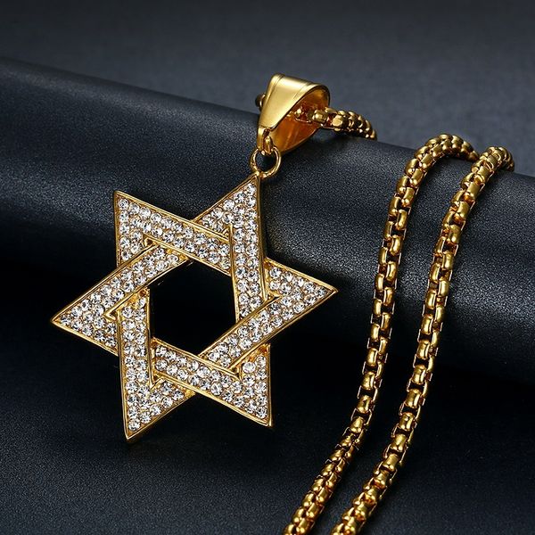 Hip Hop Bling Iced Out Gold Farbe Edelstahl Je Davidstern Hexagramm Anhänger Halsketten für Männer Rapper Schmuck295g