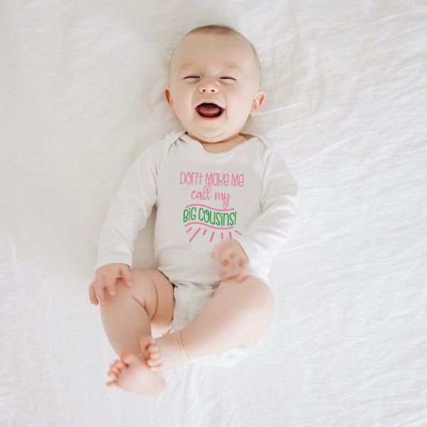 

baby rompers don't make me call my big cousins letter print baby boy girl long sleeve onesie toddler romper jumpsuit, White