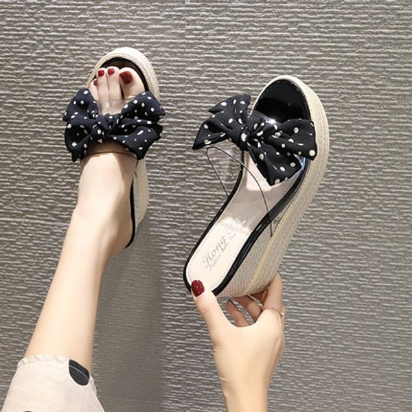 

summer bohemia slippers woman transparent bow knot beach flip flops slides wedges high heels 8cm female slippers platform shoes, Black