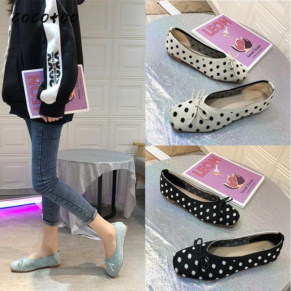 

flat shoes women 2020 new spring square head shallow mouth grandma shoes wild polka dot bow beanie, Black