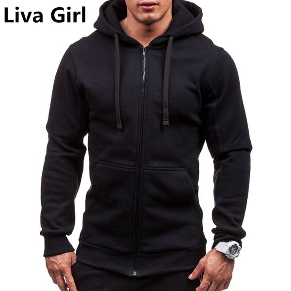 

plus size men's solid hoodies tracksuit autumn winter drawstring pocket hooded sweatshirt long sleeve zip slim coat male jacket, Black