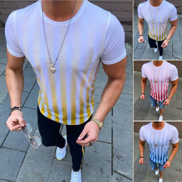 

New Fashion Hot Sale Men's Simple Short Sleeve Striped Gradient Color T-shirts Summer Daily Casual Slim Fit Clothing Tops M-XXXL