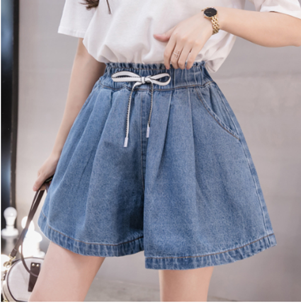 

5xl plus size summer shorts women fashion femme casual loose elastic high waist denim shorts ruffles flare blue fw880, White;black