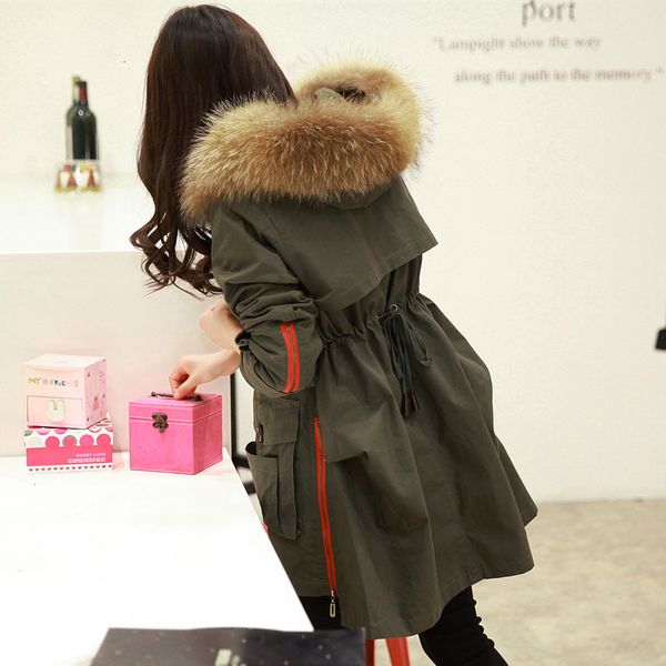 

2019 new winter warm thick cotton coat large 100% raccoon fur collar long slim female 3 color military /black y190926, Black;white