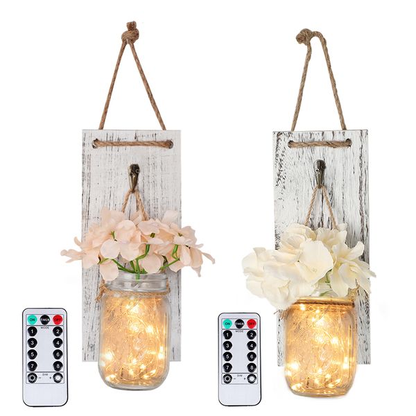

2pcs/set ins wall light white wooden board mason jar sconces upgrade remote control function waterproof diy home wall decor
