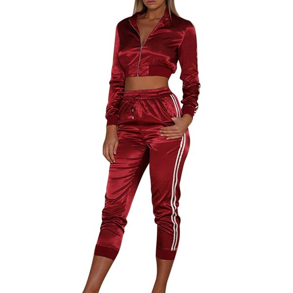 

Autumn Women Solid Sports Striped Cropped Zipper Sets 2 Piece Women Suits Zipper Solid Wine Red Crop Top Pants Set