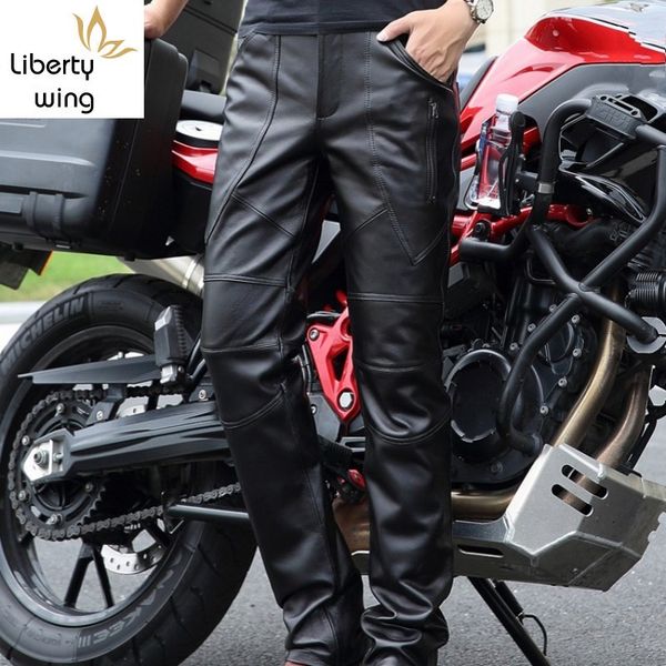 

men's pants 2021 arrival male fashion genuine leather man skinny slim fit motorcycle trousers casual men pencil, Black
