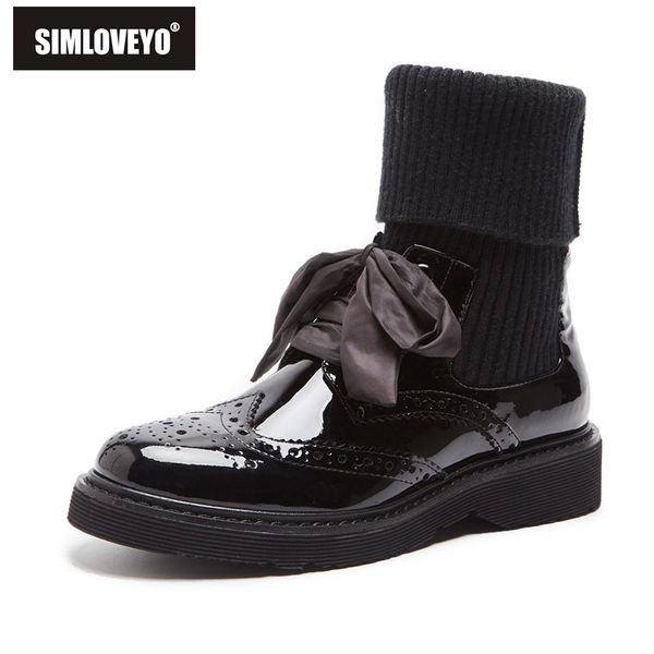 

simloveyo 2020 new designer brogue mid calf boots kniting sock bow leather sweet cool black cutout square heel flat shoes
