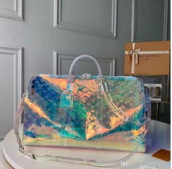 

New luxury 50cm handbag cla ic de igner pvc tran parent printing color duffle luggage houlder bag tote hobo m53271 free