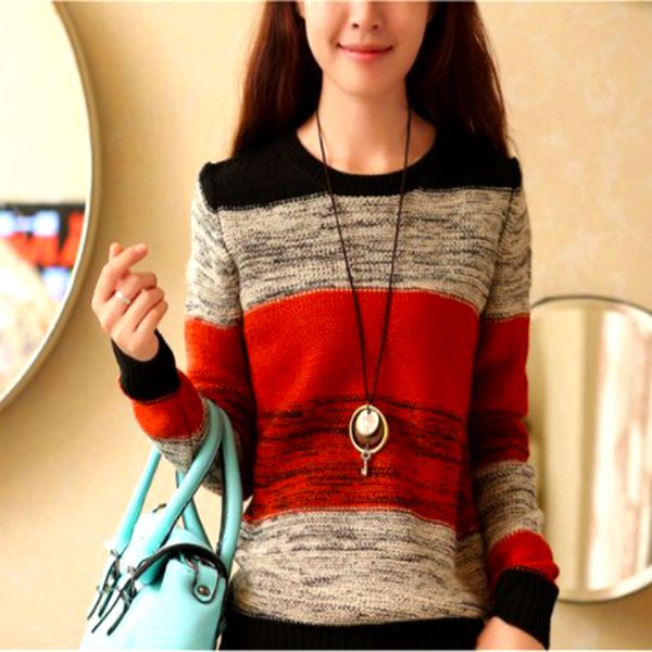 

2019 autumn and winter women sweater loose round neck long sleeve hit color pullover head sweater, White;black