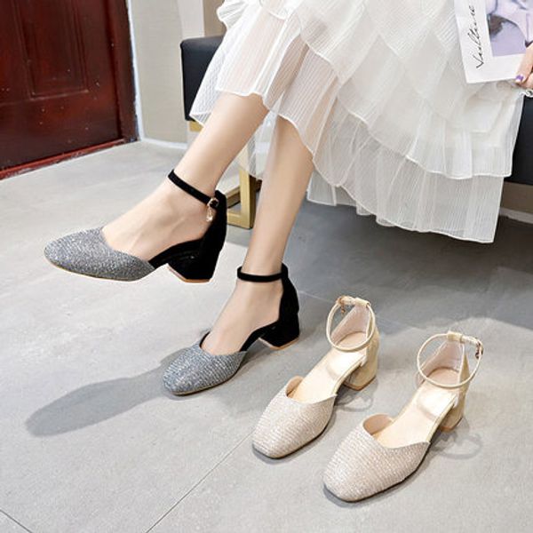 

net red super fire gentle evening shoes thick with spring 2020 new fairy wind wild shallow mouth with square head single shoes, Black
