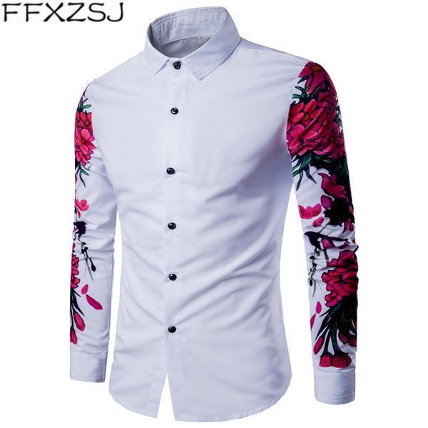 

ffxzsj new arrival man shirt pattern design long sleeve floral flowers print slim fit man casual shirt fashion men dress shirts, White;black
