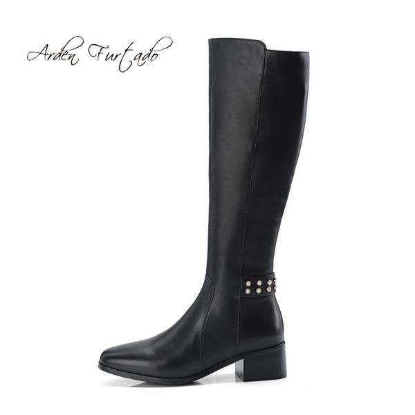 

arden furtado 2018 autumn winter fashion knee high boots genuine cow leather chunky heels 4cm pearl rivets women's shoes 33 40, Black