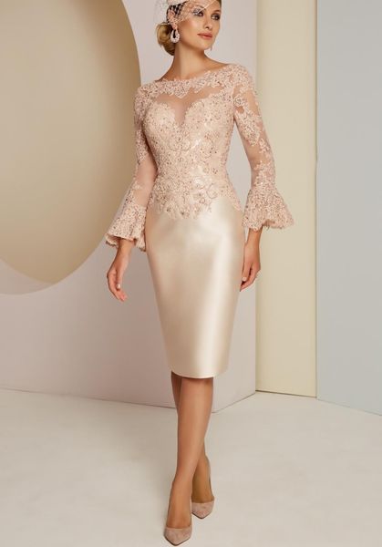 2020 Neue Vintage-Kleider für die Brautmutter, U-Ausschnitt, lange Ärmel, Champagner, Spitze, Kristall, knielang, individuelle Hochzeiten, Abendparty, 247N