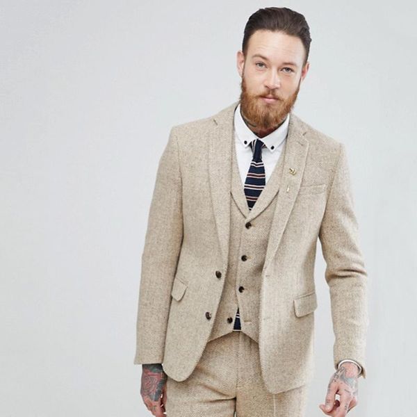 

champagne tweed wool men suits winter slim fit wedding tuxedos groom wear formal business terno 3 pieces costume homme, White;black