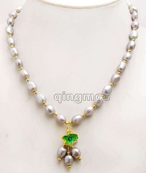 

sale 7-9mm gray baroque natural fw pearl & 10*15mm lotus leaf pendant 17'' necklace -nec6007 wholesale/retail ing, Silver