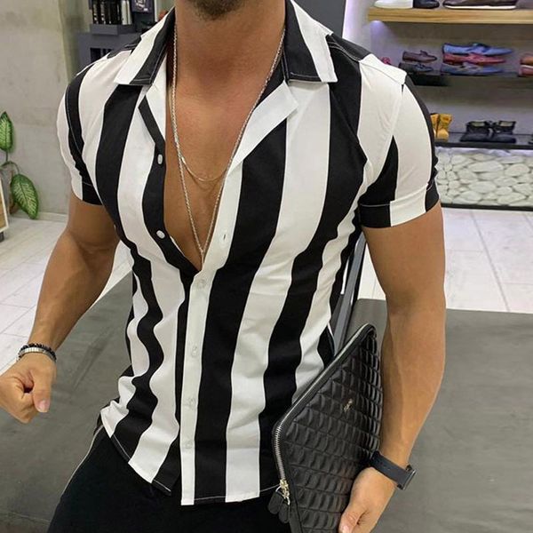 

new men fashion shirts casual multicolor striped lapel shirts short-sleeve blouse men shirt summer, White;black