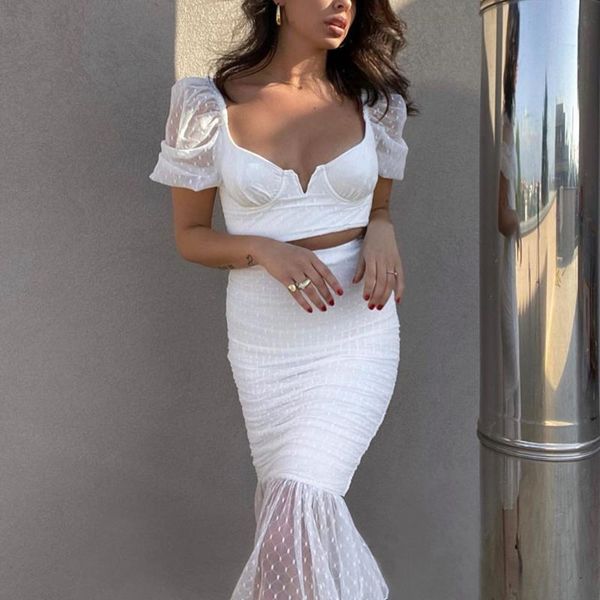 

two piece dress perspective polka dot mesh puff sleeve pleated fishtail skirt women set, White