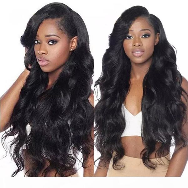 

human hair body wave lace front wig pre plucked glueless unprocessed thick hair peruvian virgin full lace wigs for black women middle part, Black;brown