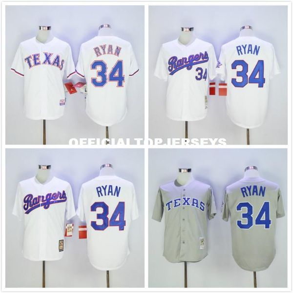 

2019 mens 34 nolan ryan color white gray 100% stitched retro jersey, Black;blue