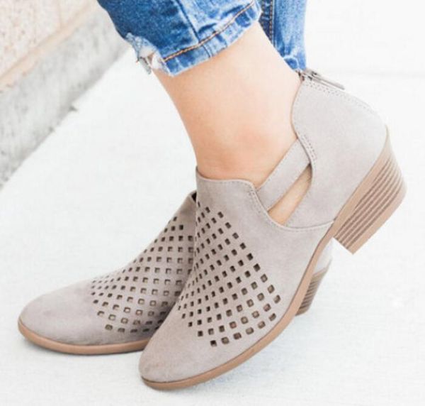 

spring autumn ankle boots for women faux leather mid heels hollow out ladies shoes breathable casual short boots zapatos mujer, Black
