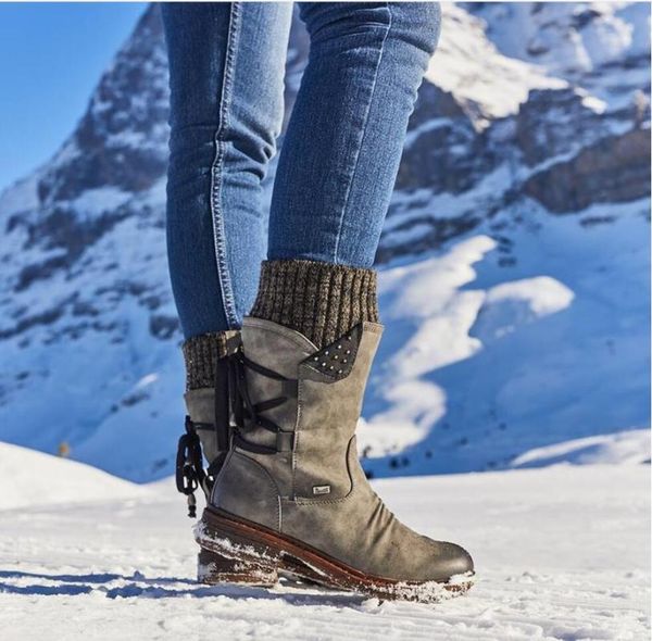 

boots winter women knitting patchwork mid-calf round toe snow female shoes warm lace up 41 42 43, Black