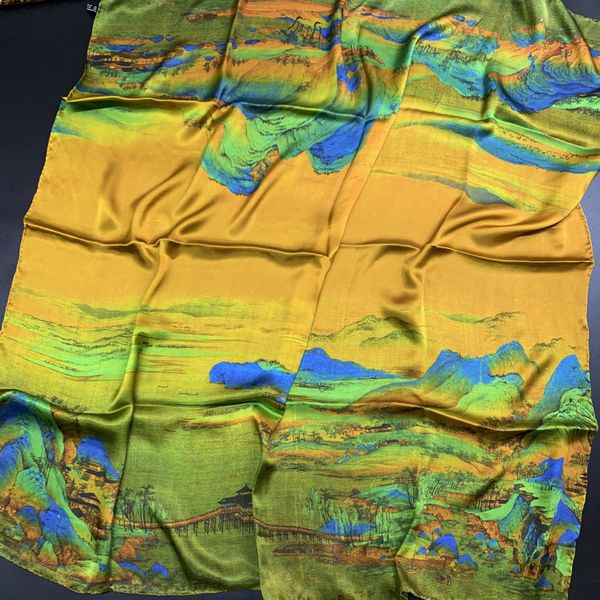 

qian li jiangshan gift 1.1m big square scarf silk china wind, Blue;gray