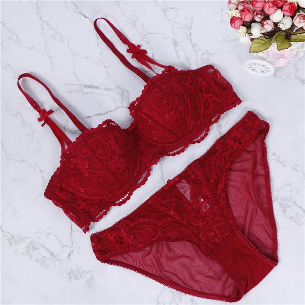 

2019 lace women's underwear push up female bra and brief sets half cup beautiful lolita plus size brassiere panties set, Red;black