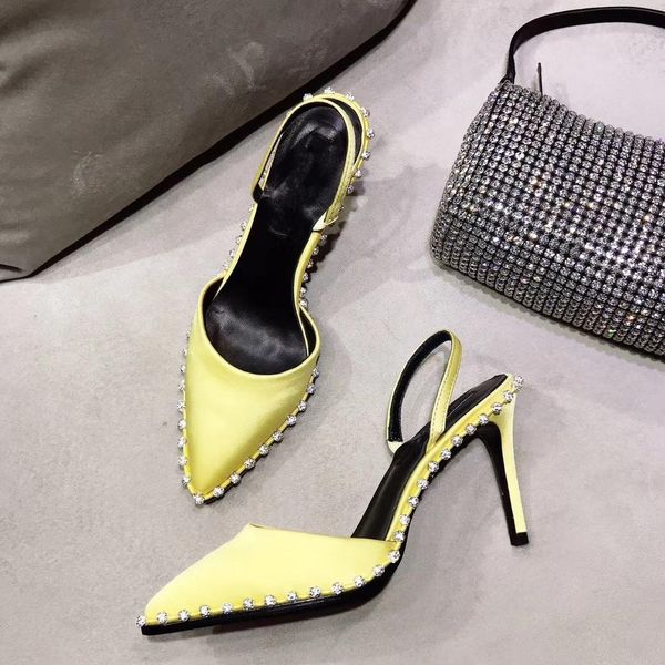 

yellow satin rina slingback pump nova crystal embellished high heel shoes with chain mesh rhinestone pouch r women shoes, Black