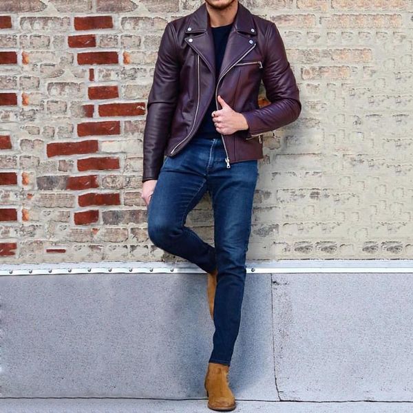 

pu jacket lapel neck long sleeve solid color homme coats fashion zipper fly male clothing mens spring autumn, Black;brown
