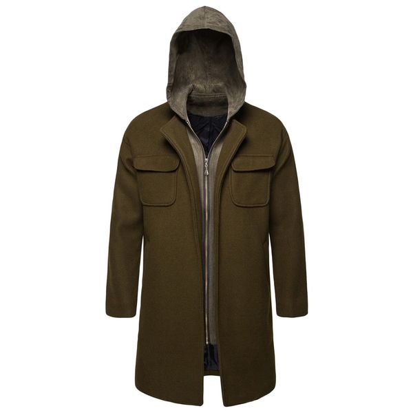 

2019 fashion casual men long winter casual trench coat fashion business wild long slim hooded overcoat jacket outwear, Black