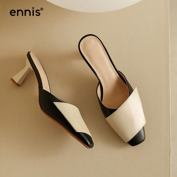 

ennis fashion female slippers summer mules high heels genuine leather mules shoes women slipper pumps stiletto shoes new p0045, Black