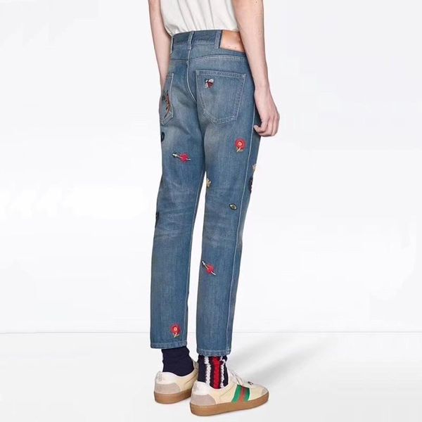 

made in italy embroidery blue jeans patch fashion vintage straight jeans casual denim pants streetwear mens women jeans pant hflskz105, Black