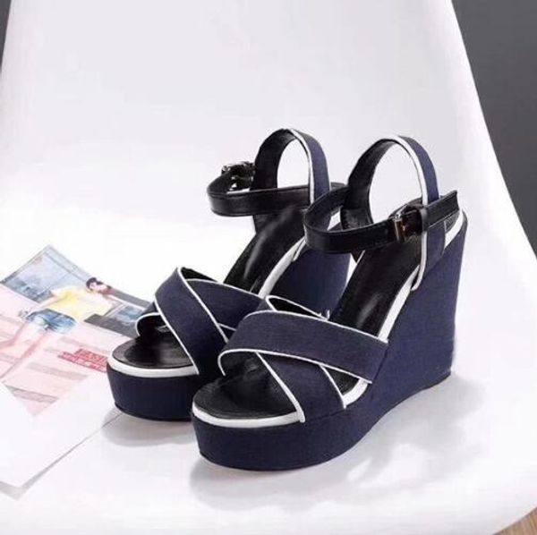 

[orignal box] luxury new womens wedge high heels 12cm platform casual sandals girl ladies shoes 34-40, Black