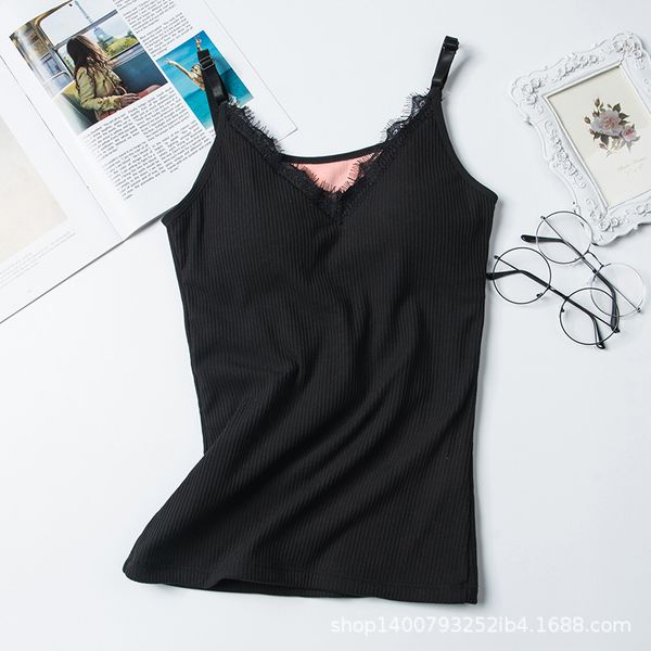 

women sleeveless straps cami warm lace thermal underwear padded fleece lined layer home outdoor winter tank basic shirts, Black;white