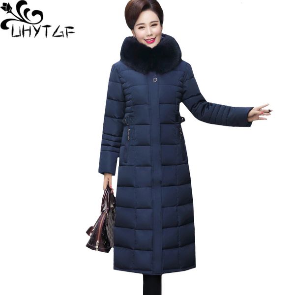 

uhytgf -5xl plus size parker women new winter down jacket warm outerwear luxury fur collar hooded thicken long cotton coat 47, Black