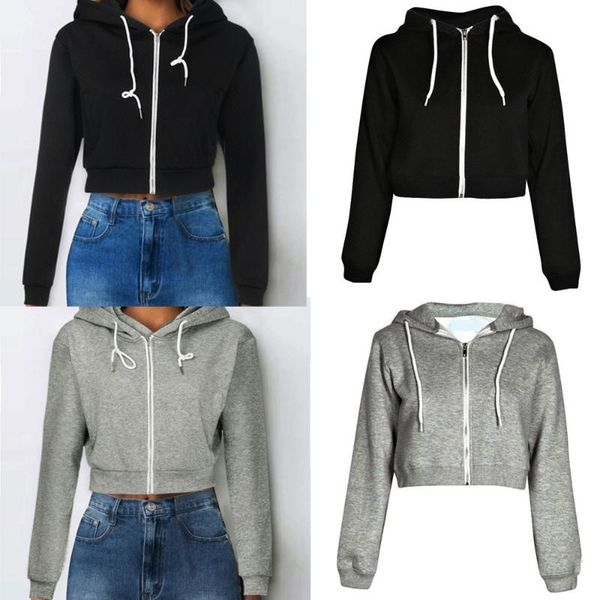 

2019 women fashion solid crop hoodie zipper sweatshirt zip cosy hoody dance ladies w510, Black;brown