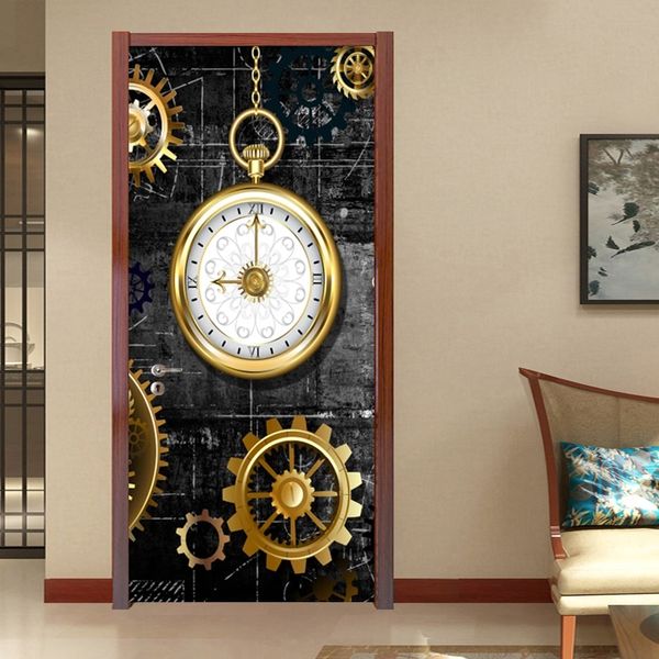 

pvc door sticker 3d stereo golden gear clock mural wallpaper retro kitchen restaurant door poster self-adhesive waterproof decal other beddi